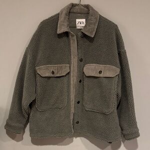 Zara Women's Olive Teddy Jacket with Corduroy Accents